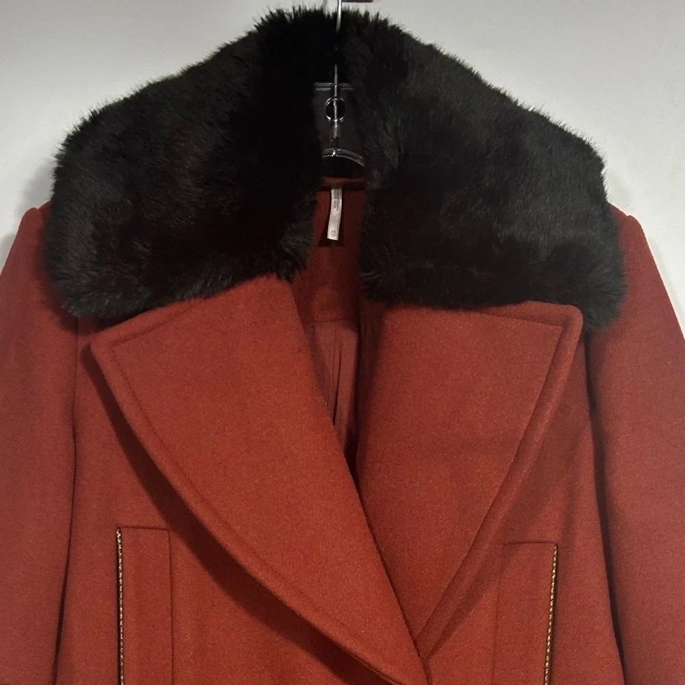 FREE PEOPLE SEDGWICK Red Wool Military Peacoat Double Breasted Fur Collar Sz.XS